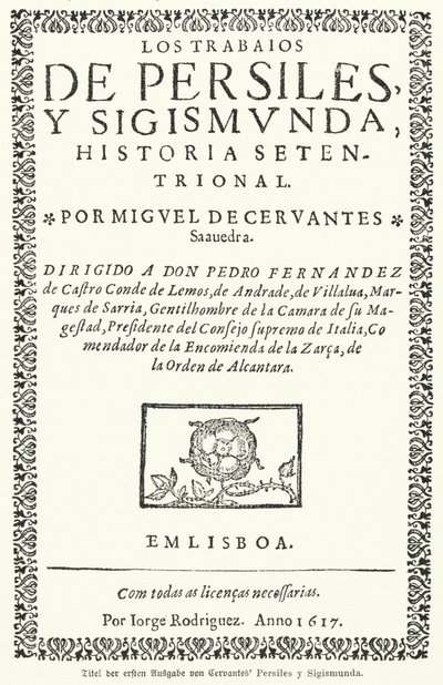 Titelsidan för den första upplagan av den spanska romanförfattaren Miguel de Cervantes