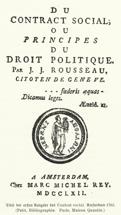Titelsidan för den första upplagan av Det sociala kontraktet, av Jean-Jacques Rousseau av German School