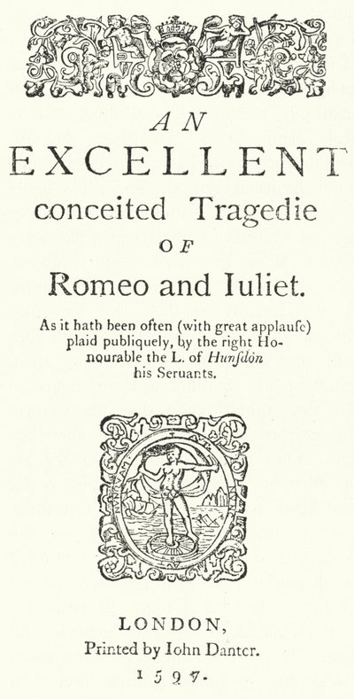 Titelsidan för den första quarto-utgåvan av Shakespeares Romeo och Julia (gravyr) av German School