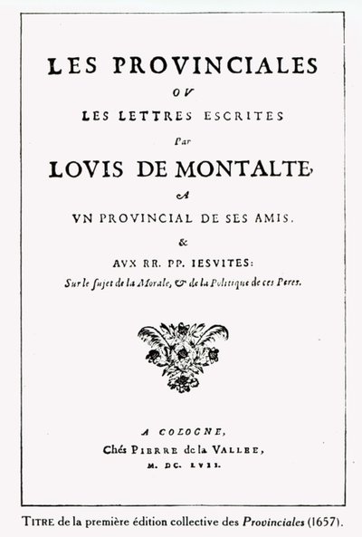 Titelsida för Les Provinciales av Blaise Pascal (1623-62), Amsterdam, 1657 (bläck på papper) av German School