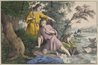 Tobias och ärkeängeln Rafael, illustration från Lancien Testamentet, utgiven av Jakob Ferdinand Schreiber, Esslingen (färgstick) av German School