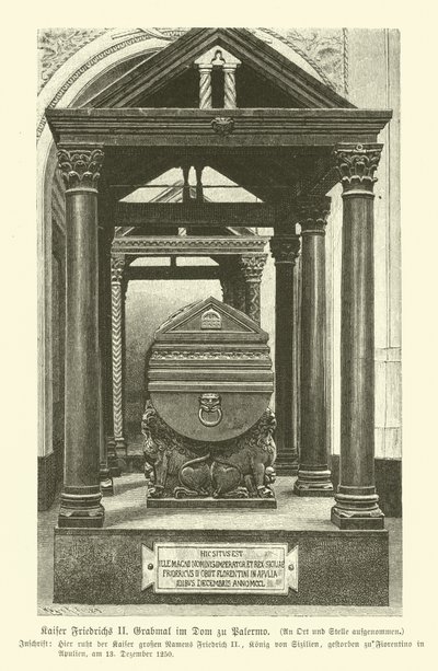 Grav av Fredrik II, den helige romerske kejsaren, i Palermo katedral, Sicilien (gravyr) av German School