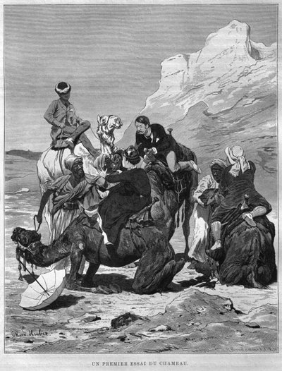 Turister på kamelrygg, från LEgypte av Georg Moritz Ebers (1837-98), 1881 (bw gravyr) av German School