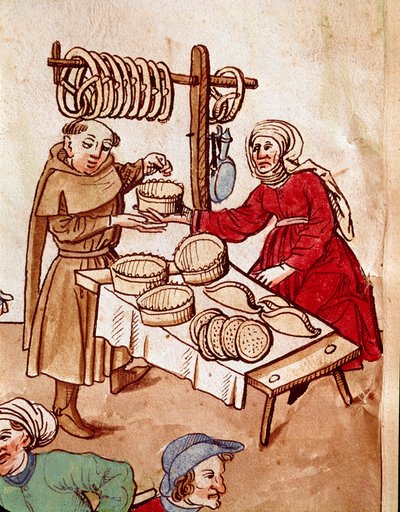 Handel: en brödhandlare. Miniatyr från "Krönikor från Konciliet i Konstanz" av Ulrich Richental (1360-1437) 1438 ungefär Prag, nationalbibliotek av German School