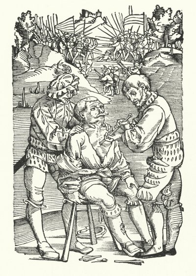 Behandla en skadad soldat på slagfältet (gravyr) av German School