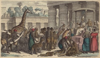 Hyllningsoffer från Etiopien presenteras för farao av Egypten (färgad gravyr) av German School