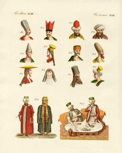 Turkiska nationaldräkter (färgad gravyr) av German School