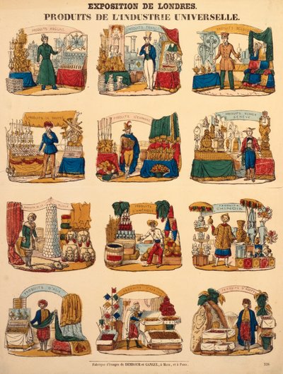 Tolv utställningsmontrar från olika nationer på Great Exhibition i London, publicerad av Dambour & Gangel, Metz, 1851 (trägravyr) av German School