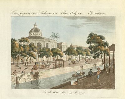 Utsikt från en del av staden Batavia (färgad gravyr) av German School