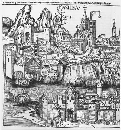 Utsikt över Basel, illustration från Krönikan av Nurnberg av Hartmann Schedel (1440-1514) 1493 av German School