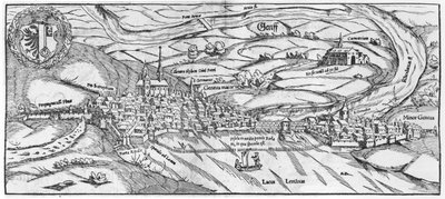 Utsikt över Genève, från Cosmographie Universelle av Sebastien Munster (1488-1552) Basel, publicerad 1559 av German School