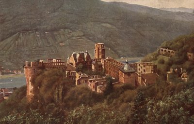 Utsikt över Heidelbergs slott från Molkenkur (färglitografi) av German School