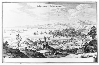 Vy över Marseille, från Topographia Galliae av Martin Zeiller, publicerad 1655-61 av German School