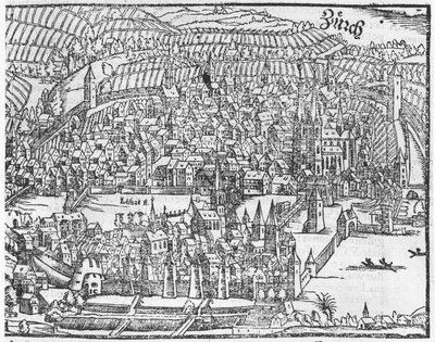 View of Zurich, från Cosmographie Universelle av Sebastien Munster (1488-1552) Basel, publicerad 1559 av German School
