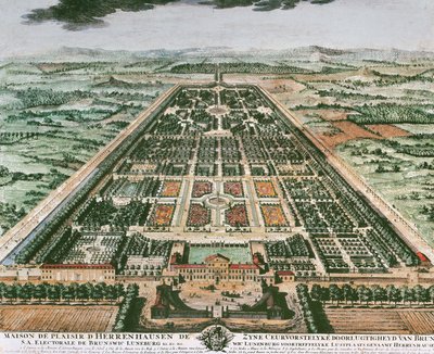 Utsikt över Herrenhausens slotts trädgård, cirka 1708, färgtryck, Tyskland av German School