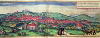 Utsikt över staden Burgos, från verket "Civites Orbis Terrarum" redigerat av Georg Braun och graverat av Franz Hogenberg av German School