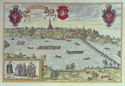 Utsikt över staden Warszawa bredvid floden Vistula, från "Gamla europeiska stadsscener" (gravyr) av German School