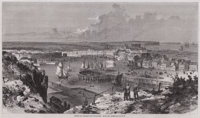 Utsikt över hamnen i Dieppe, Normandie, Frankrike (gravyr) av German School