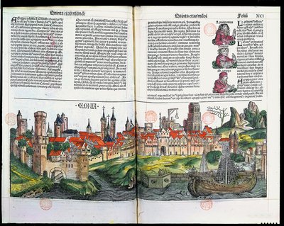 Utsikt över staden Köln, från Nürnbergs krönika av Hartmann Schedel, 1493 (trästick i färg) av German School
