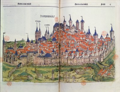 Utsikt över staden Nürnberg, från Nürnbergkrönikan av Hartmann Schedel (1440-1514) 1493 (träsnitt i färg) av German School