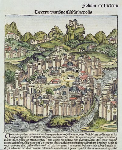 Utsikt över den muromgärdade staden Konstantinopel, från Nürnbergkrönikan av Hartmann Schedel (1440-1514) 1493 (träkloss) av German School