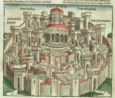 Utsikt över den muromgärdade staden Jerusalem som visar Salomos tempel och stadsportarna, från Nürnbergkrönikan av Hartmann Schedel (1440-1514) 1493 av German School