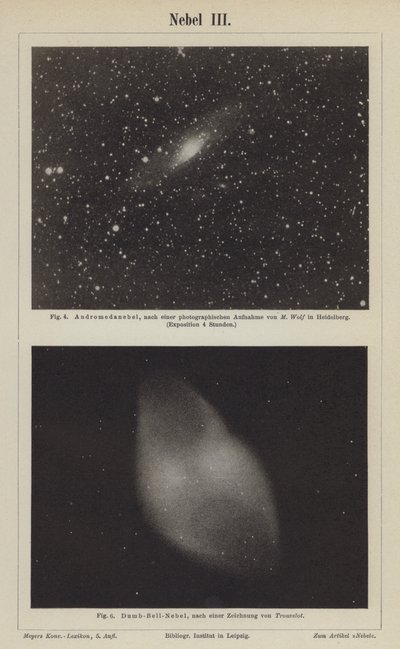 Utsikt över Andromeda-nebulosan och hantelnebulosan (gravyr) av German School