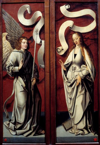 Jungfru Maria och bebådelsens ängel Baksidan av de tryptiska delarna av tillbedjan av männen. Anonym målning av Tyska skolan. Egouen från 1400-talet, National Renaissance Museum av German School