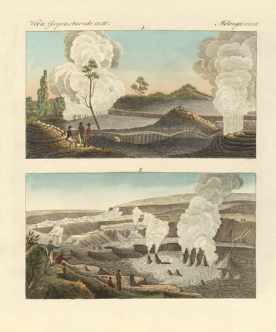 Vulkaner på ön Hawaii (färgad gravyr) av German School
