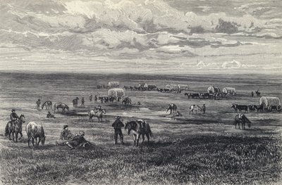 Vagntåg på prärien i South Dakota, USA (litho) av German School