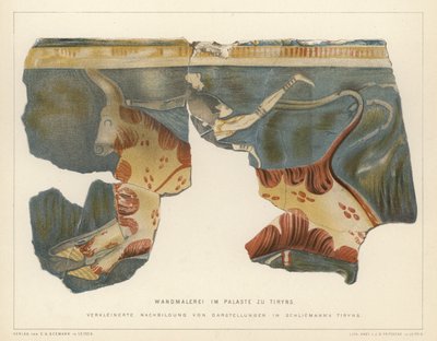 Väggmålning från det mykenska palatset i Tiryns, Grekland, utgrävt av den tyske arkeologen Heinrich Schliemann (färg litho) av German School