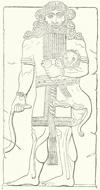 Väggrelief av Gilgamesh från ruinerna av Dur-Sharrukin, assyriernas huvudstad vid kung Sargon II:s tid (gravyr) av German School