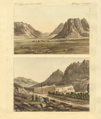 Vägen till berget Sinai (färgad gravyr) av German School