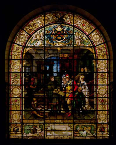 William Caxton visar sin första tryckta bok för Edward IV och hans fru, Elizabeth Woodville 1477, av Mayer and Co., Münchenbaserat företag verksamt i London, ca 1880 (målat glasfönster) av German School