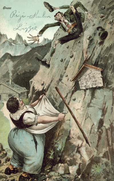 Kvinna som fångar man som faller från berg (färg litho) av German School