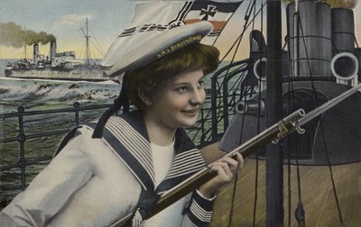 Kvinna i uniformen av en sjöman från det tyska slagskeppet Braunschweig (färg litho) av German School