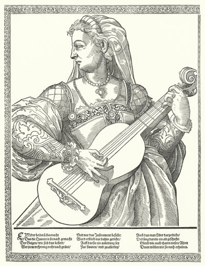 Kvinna som spelar gitarr (gravyr) av German School