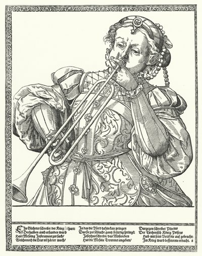 Kvinna som spelar en trombon eller säckbut (gravyr) av German School
