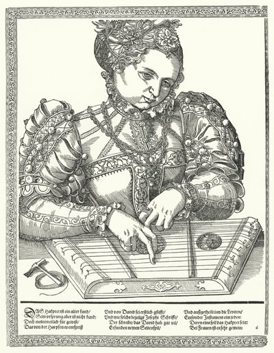 Kvinna som spelar en cittra (gravyr) av German School