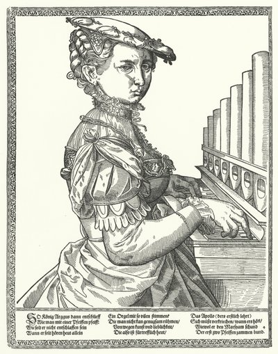 Kvinna som spelar en orgel (gravyr) av German School