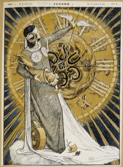 Kvinna med ögonremsor som håller ett horn av överflöd och flyttar fram visarna på en klocka (Allegory of Fortune) - i "" Jugend"" av 1900-01-08 av German School