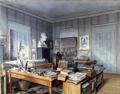 Wilhelm Grimms (1786 -1859) arbetsrum i Berlin, Linkstrasse 7. Gravyr av herr Hoffmann. Nationalmuseum, Nürnberg. 1860. av German School