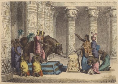 Dyrkan av Apis Bull i det antika Egypten (färgad gravyr) av German School