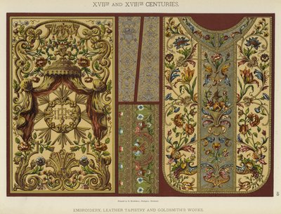 XVII:e och XVIII:e århundraden, broderier, lädertapeter och guldsmedsverk (färg litho) av German School