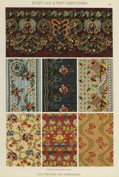 XVII:e och XVIII:e århundraden, spetsvävning och broderi (färg litho) av German School