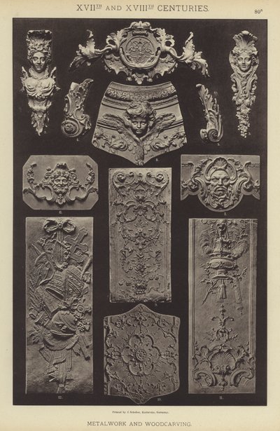 XVII:e och XVIII:e århundraden, metallarbete och träsnideri (färg litho) av German School