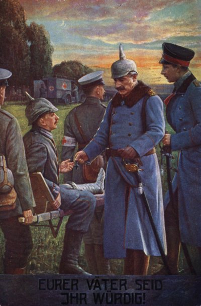 Du är värdig dina fäder: Kejsar Wilhelm II tilldelar en sårad tysk soldat järnkorset (färglitografi) av German School