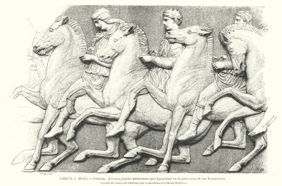 Unga atenska ryttare, kopia av en del av Parthenonfrisen från Aten, antikens Grekland (litho) av German School