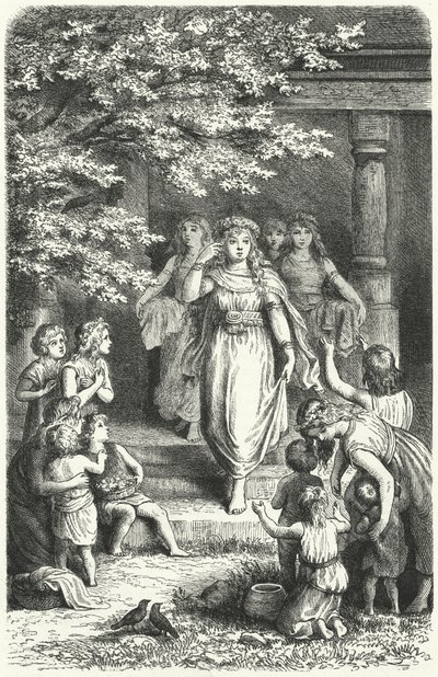Unga tyska kvinnor bär kransar för att fira festivalen Eostre (Ostara) (gravyr) av German School