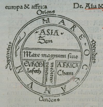 f.177v T-in-O karta, med boktrycksortsnamn, från Isidore of Sevilla, Liber Etimologiarvm av German School
